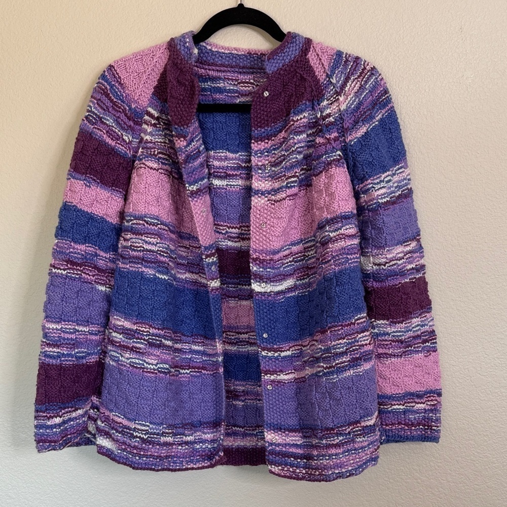 Handmade knitted grandma core sweater cardigan purple pink EUC